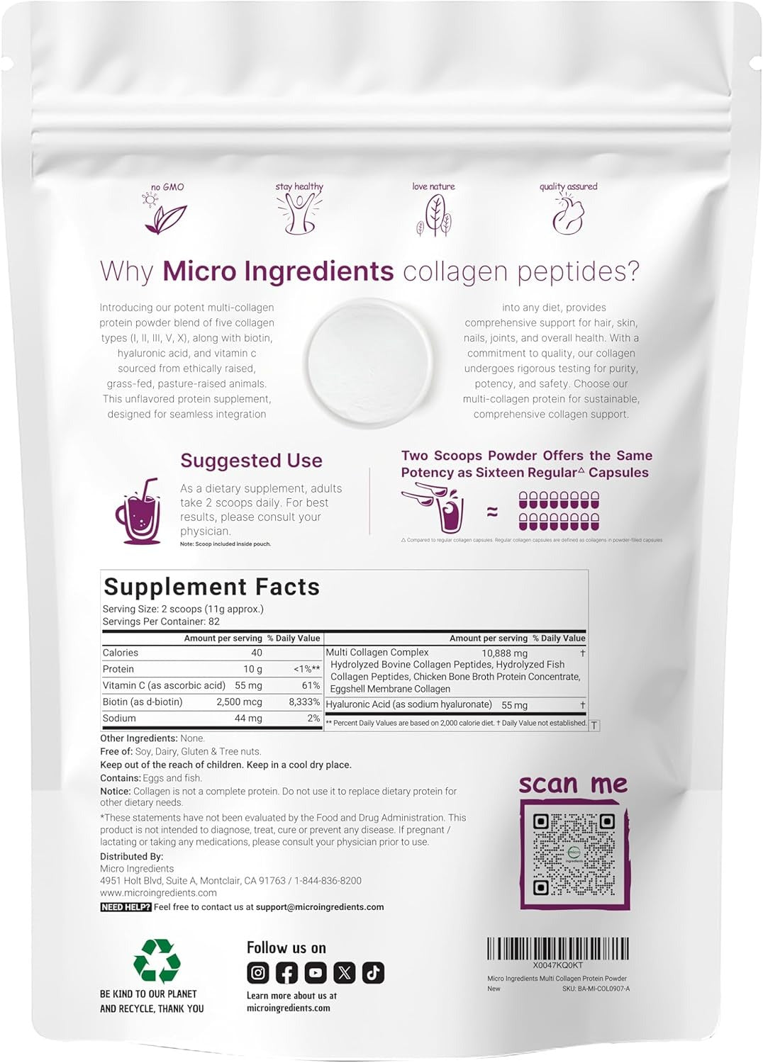 PureHabits™ Micro Ingredients Multi Collagen Peptides Powder, 2lb | Type I, II, III, V, X + Biotin, Vitamin C & Hyaluronic Acid | Unflavored | Supports Hair, Skin...