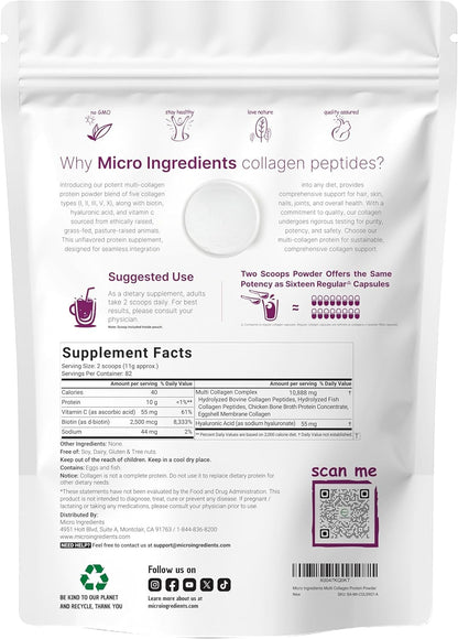 PureHabits™ Micro Ingredients Multi Collagen Peptides Powder, 2lb | Type I, II, III, V, X + Biotin, Vitamin C & Hyaluronic Acid | Unflavored | Supports Hair, Skin...